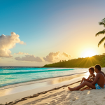 **A vibrant, sun-drenched scene on a Mauritian beach:** Capture the essence of island life with turquoise waters, white sand, and lush green vegetation. A family is enjoying the beach, emphasizing the safe and peaceful environment. In the background, show a stunning sunset over the Indian Ocean, illustrating the daily beauty of Mauritius.
