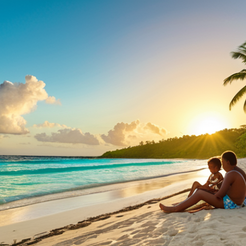 Home 4 **A vibrant, sun-drenched scene on a Mauritian beach:** Capture the essence of island life with turquoise waters, white sand, and lush green vegetation. A family is enjoying the beach, emphasizing the safe and peaceful environment. In the background, show a stunning sunset over the Indian Ocean, illustrating the daily beauty of Mauritius.