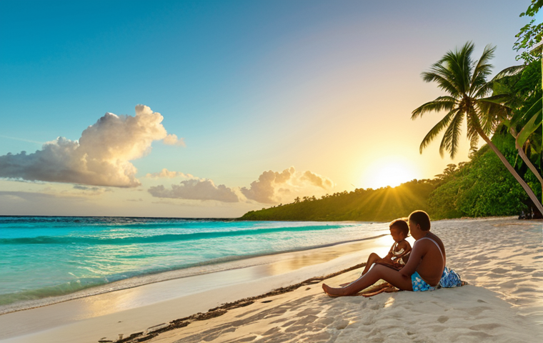 **A vibrant, sun-drenched scene on a Mauritian beach:** Capture the essence of island life with turquoise waters, white sand, and lush green vegetation. A family is enjoying the beach, emphasizing the safe and peaceful environment. In the background, show a stunning sunset over the Indian Ocean, illustrating the daily beauty of Mauritius.