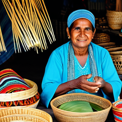 A skilled Mauritian artisan, a mature woman, wearing modest traditional attire, gently displaying intricately hand-woven baskets and vibrant textile products, such as sarongs, at her stall. The scene is set in a bustling, open-air local market in Mauritius, with other craft stalls and natural light. Products include baskets made from pandan leaves and colorful hand-dyed fabrics with indigenous patterns. The setting conveys an atmosphere of cultural richness and community. Professional photography, high detail, sharp focus, natural colors, fully clothed, modest clothing, appropriate attire, safe for work, appropriate content, family-friendly, perfect anatomy, correct proportions, natural pose, well-formed hands, proper finger count, natural body proportions.