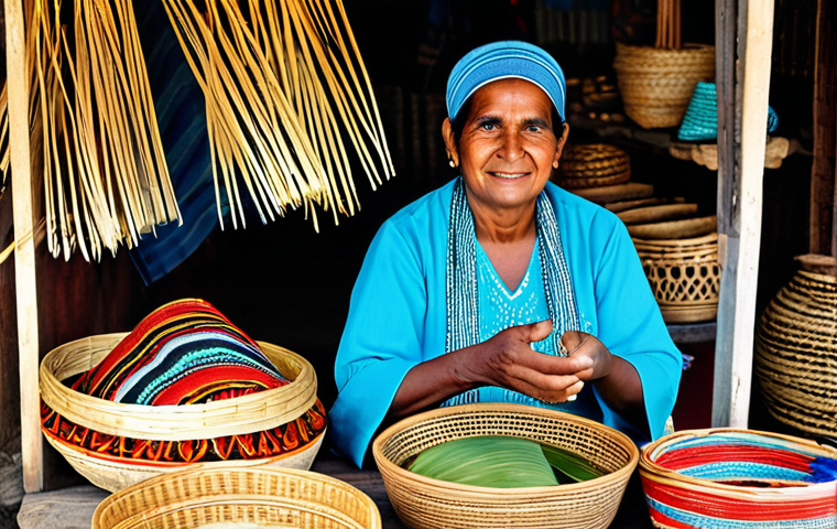 A skilled Mauritian artisan, a mature woman, wearing modest traditional attire, gently displaying intricately hand-woven baskets and vibrant textile products, such as sarongs, at her stall. The scene is set in a bustling, open-air local market in Mauritius, with other craft stalls and natural light. Products include baskets made from pandan leaves and colorful hand-dyed fabrics with indigenous patterns. The setting conveys an atmosphere of cultural richness and community. Professional photography, high detail, sharp focus, natural colors, fully clothed, modest clothing, appropriate attire, safe for work, appropriate content, family-friendly, perfect anatomy, correct proportions, natural pose, well-formed hands, proper finger count, natural body proportions.