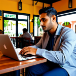 Cozy Cafe Scene**

"A professional blogger sitting at a cafe in Port Louis, Mauritius, fully clothed in modest attire, working on a laptop, a cup of coffee on the table, safe for work, appropriate content, perfect anatomy, natural proportions, professional photography, warm lighting."

**