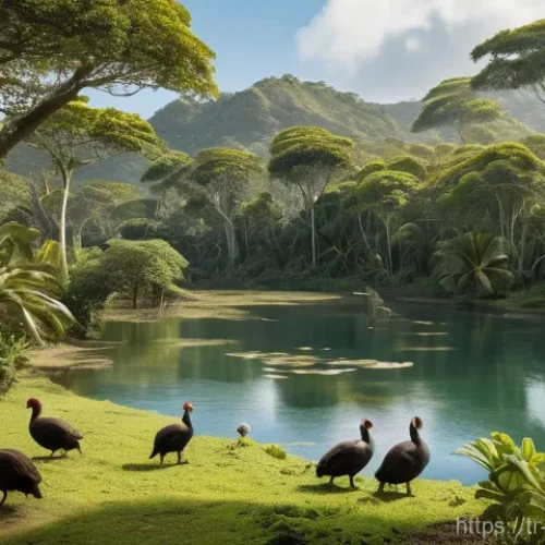 Home 22 모리셔스 역사 기념관 - **Prompt:** A serene and untouched 17th-century Mauritian landscape. In the foreground, a group of d...