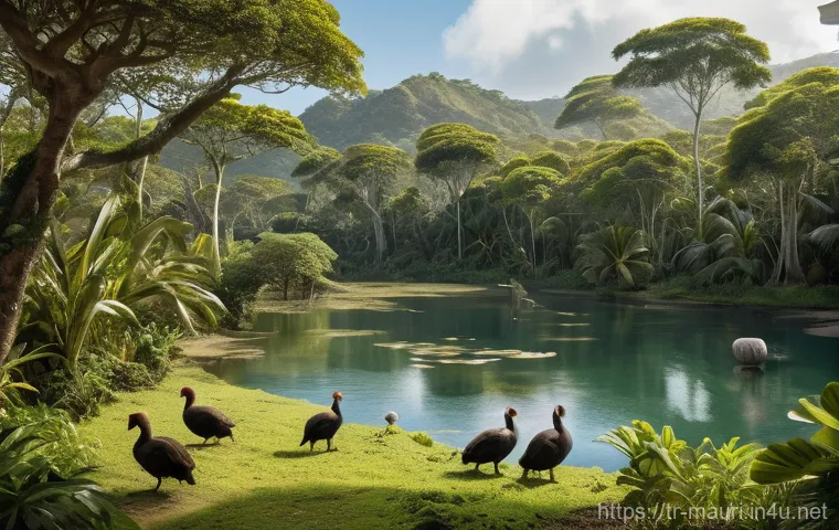 모리셔스 역사 기념관 - **Prompt:** A serene and untouched 17th-century Mauritian landscape. In the foreground, a group of d...