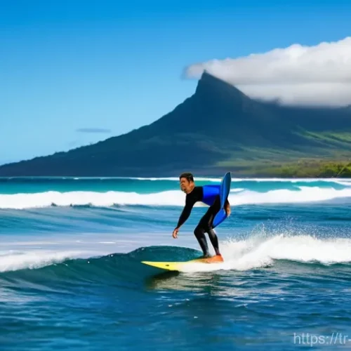 Home 21 모리셔스 서핑 명소 - **Prompt:** An experienced male surfer, clad in a form-fitting, dark blue wetsuit that covers his to...