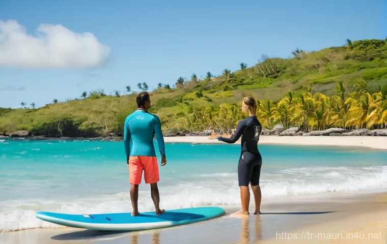 모리셔스 서핑 명소 - **Prompt:** An experienced male surfer, clad in a form-fitting, dark blue wetsuit that covers his to...