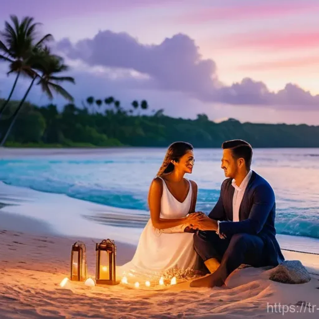 모리셔스 신혼여행 추천 - A romantic, elegant couple (man and woman) in their late 20s to early 30s, dressed in stylish yet mo...