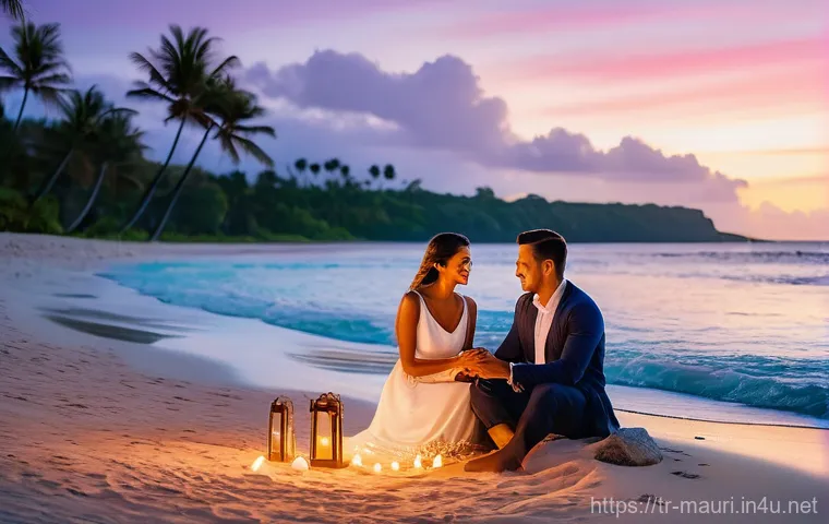 모리셔스 신혼여행 추천 - A romantic, elegant couple (man and woman) in their late 20s to early 30s, dressed in stylish yet mo...