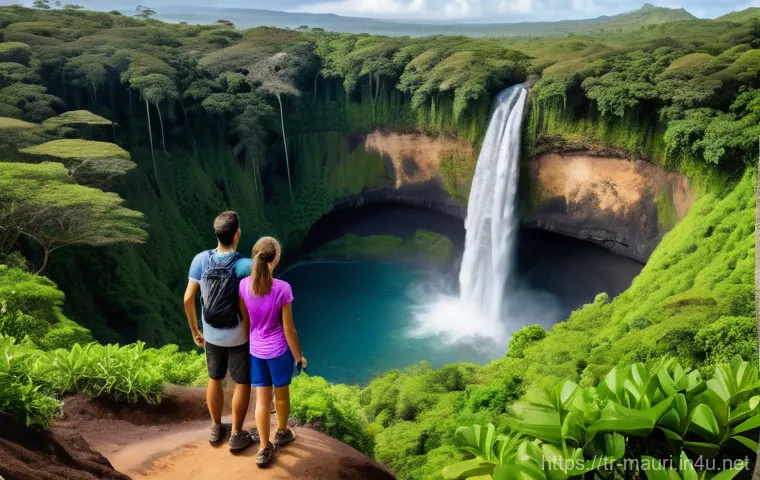 모리셔스 신혼여행 추천 - A adventurous couple (man and woman) in their early 30s, wearing modest, full-coverage swimsuits and...