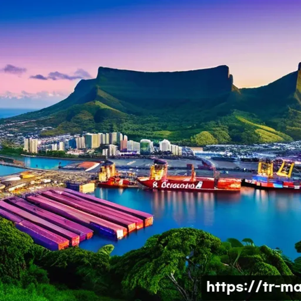 모리셔스 해운 및 물류 시스템 - **Prompt:** A breathtaking panoramic aerial view of Port Louis Harbor in Mauritius at a vibrant sunr...