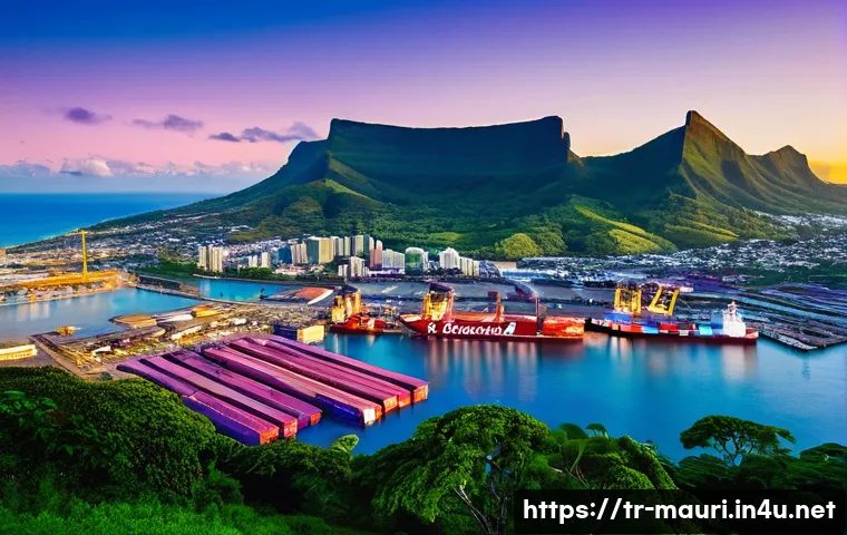 모리셔스 해운 및 물류 시스템 - **Prompt:** A breathtaking panoramic aerial view of Port Louis Harbor in Mauritius at a vibrant sunr...